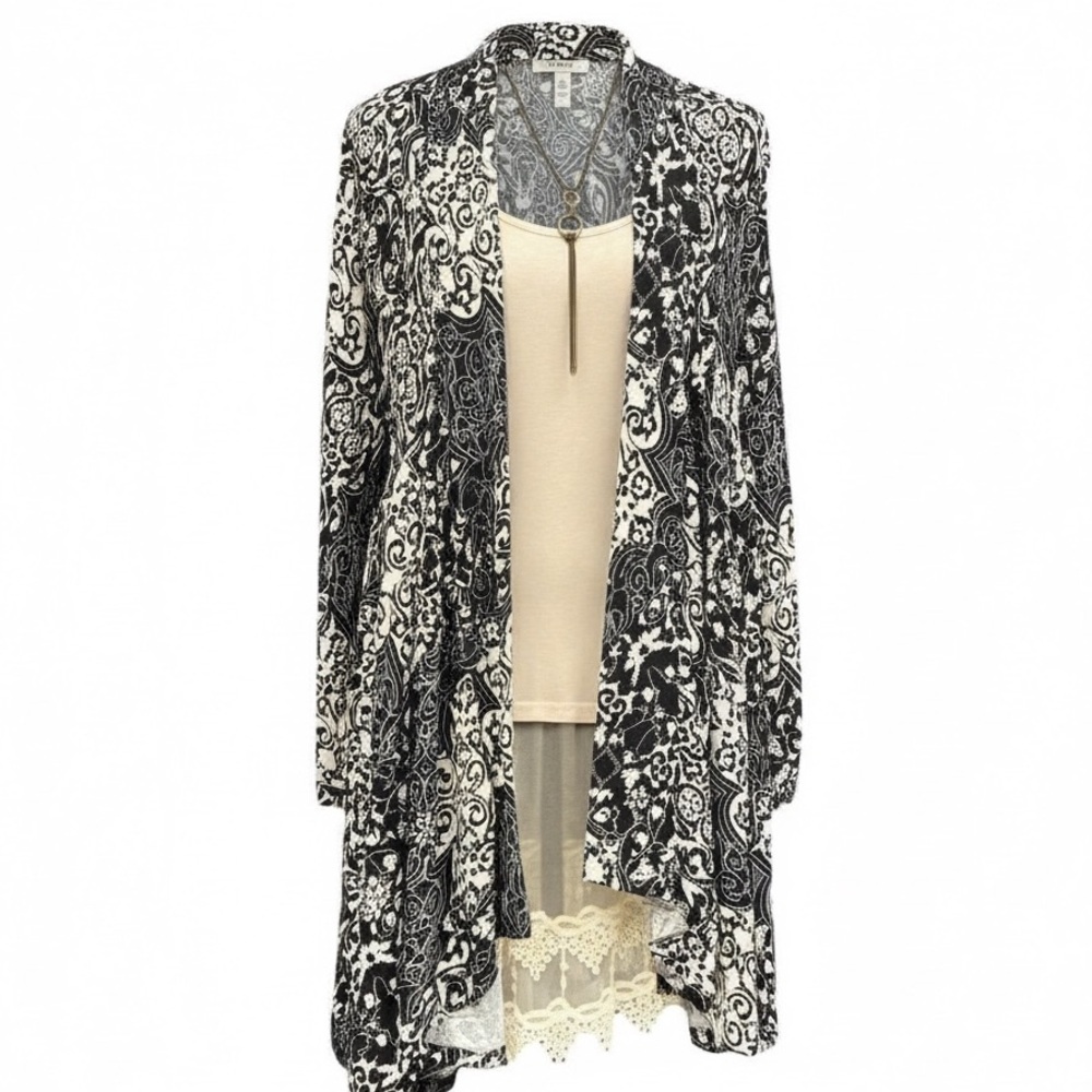 Black and White Paisley Duster Cardigan with Lace Slip Dress Boho Cardigan Top